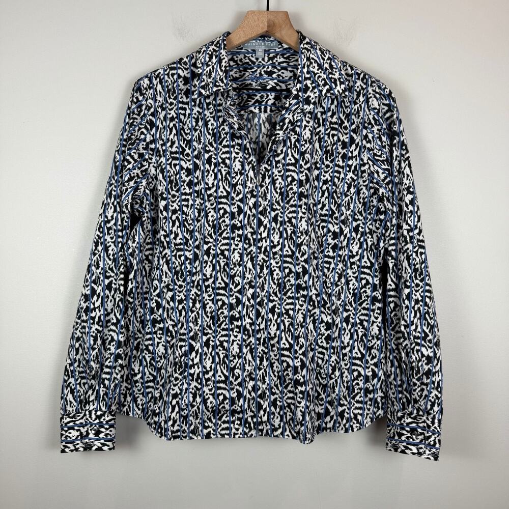 Foxcroft Wrinkle Free Top Women's 14 White Black Leopard Fitted Full Zip Blouse